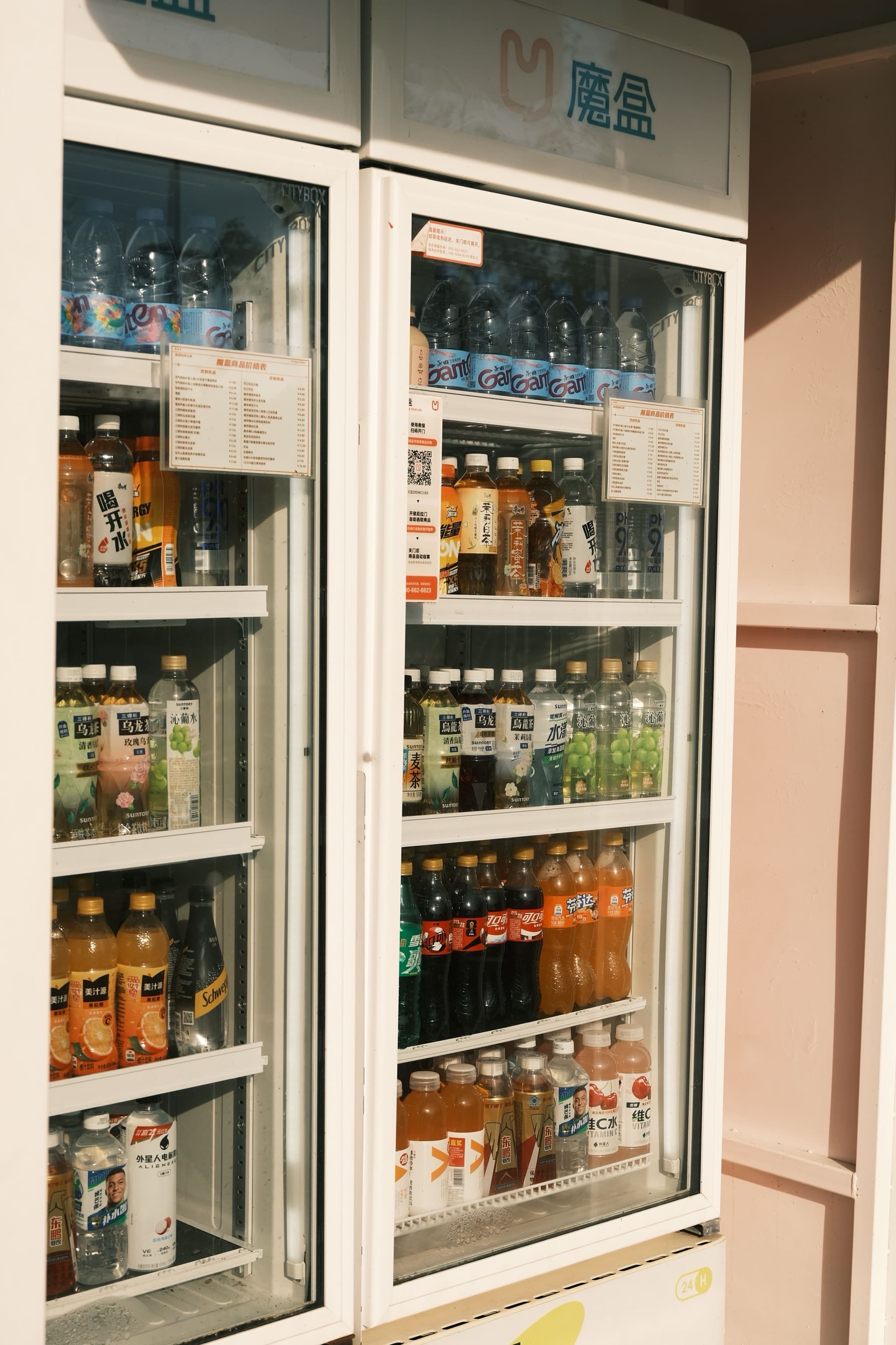 A glass-door drinks fridge, shelves packed with bottled sodas and teas